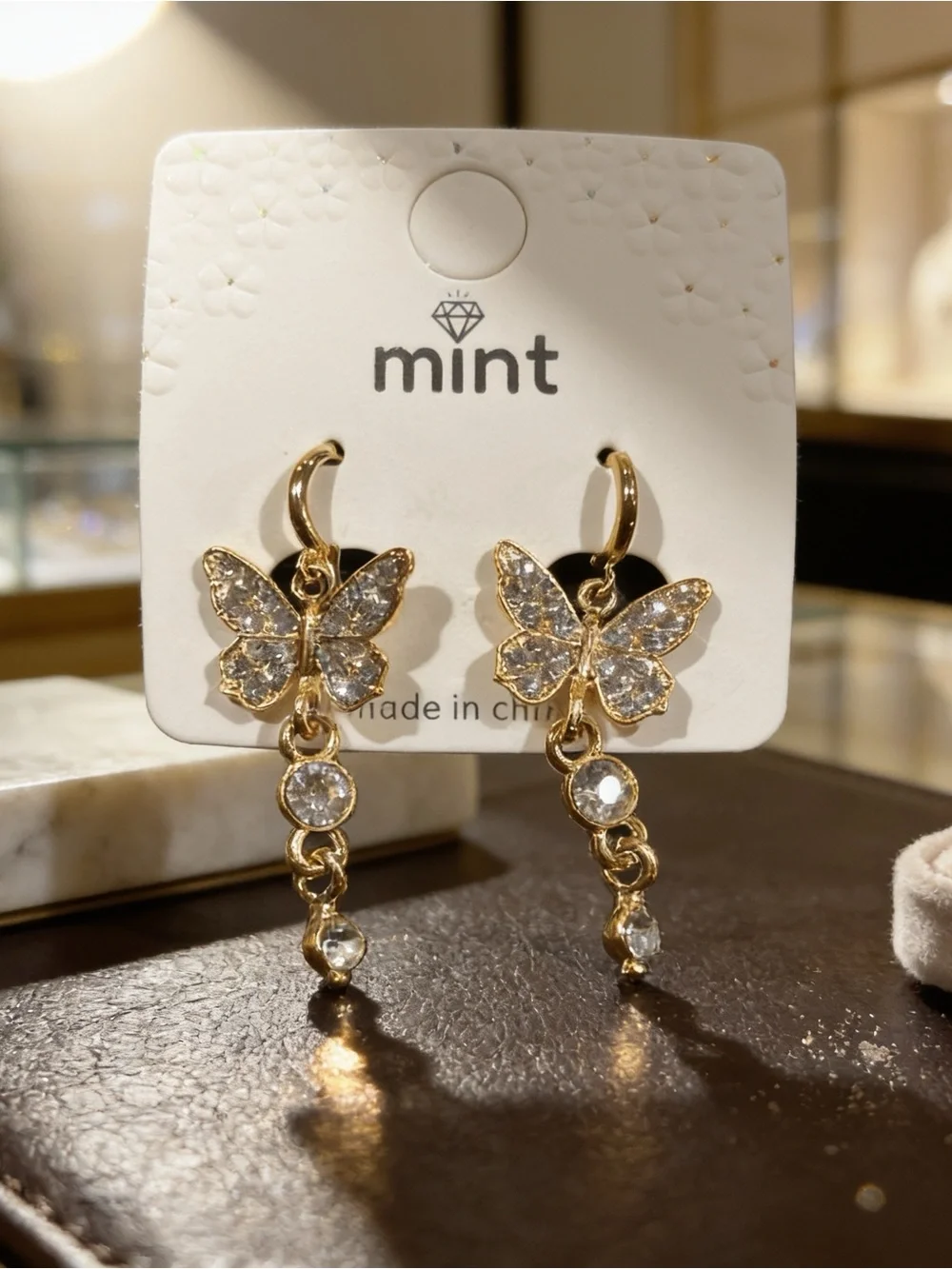 Mint Gold Butterfly Dangle Earrings with Clear Stones